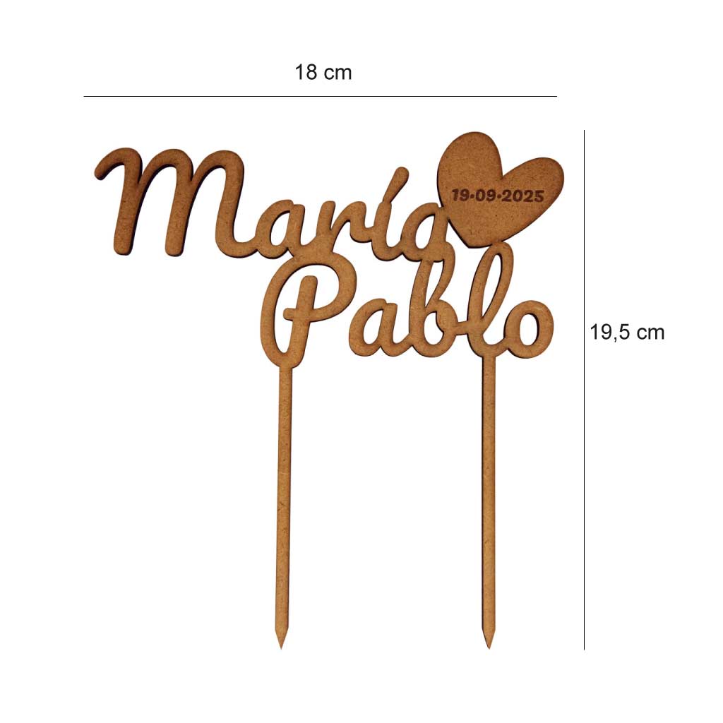 Medidas del topper para tartas personalizado para boda con corazón