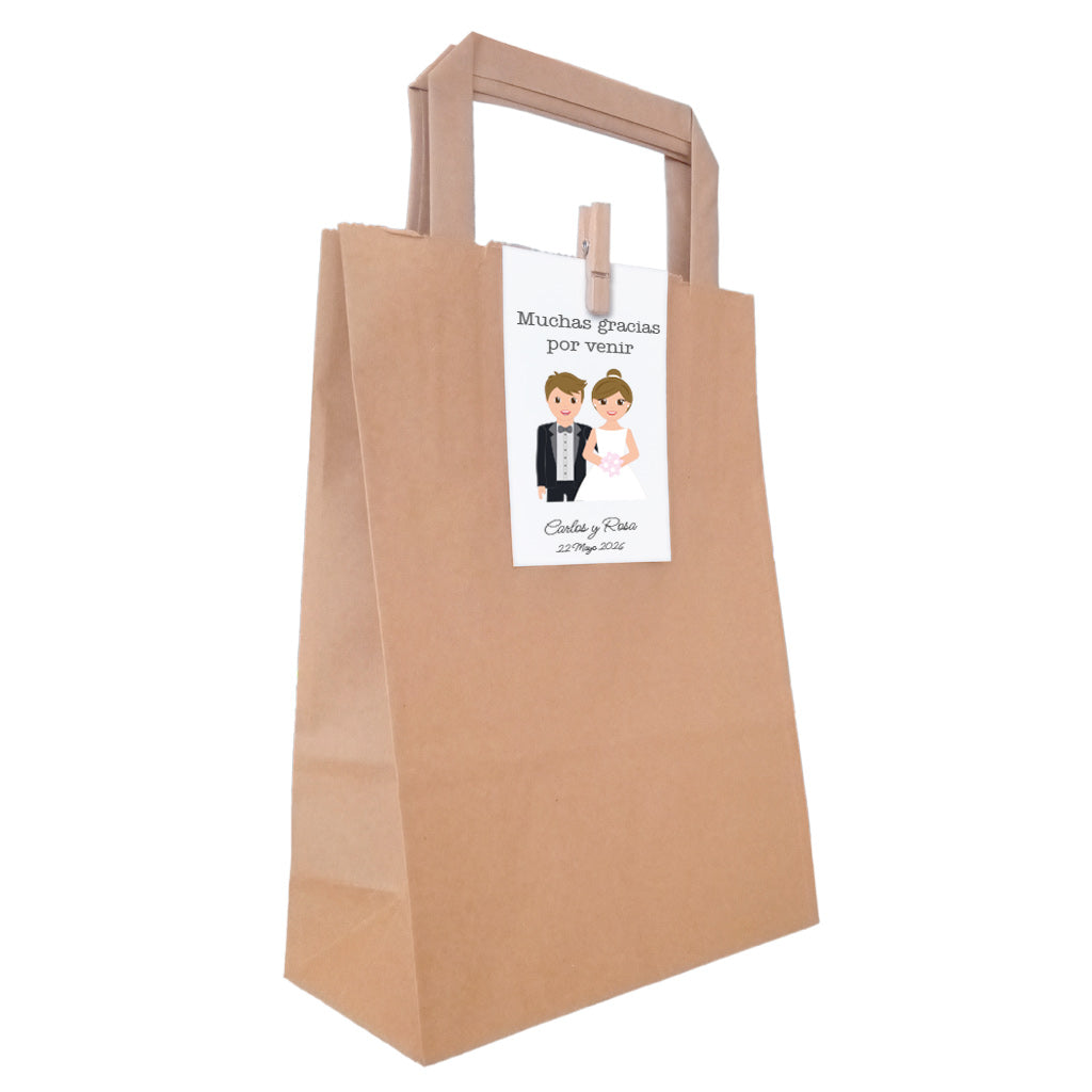 6 bolsas kraft con asas con etiqueta y pinza boda PAREJA