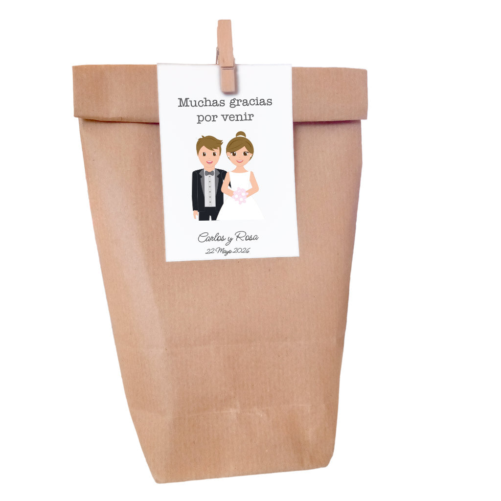 6 Bolsas kraft con etiqueta y pinza boda PAREJA