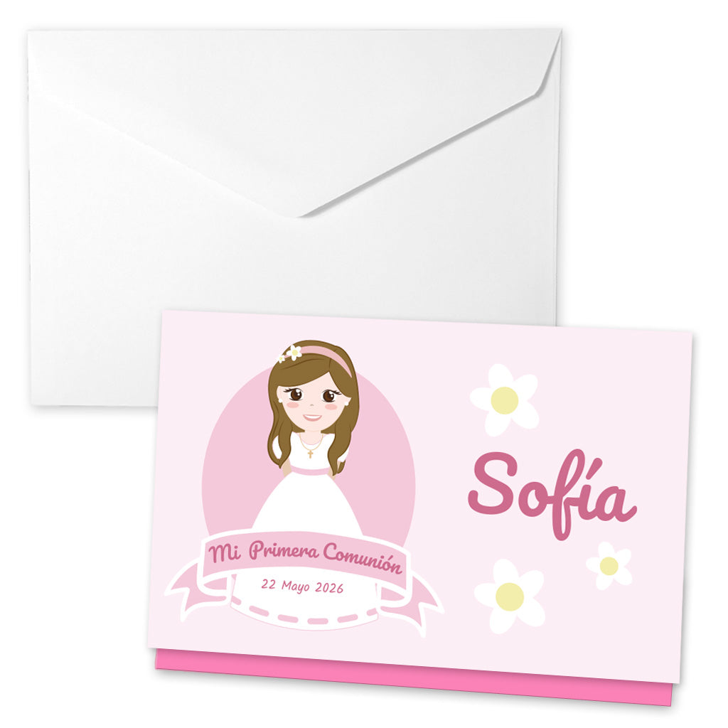 Sobre para regalar dinero rosa para la Primera Comunión con el nombre de la niña y la fecha de la celebración.