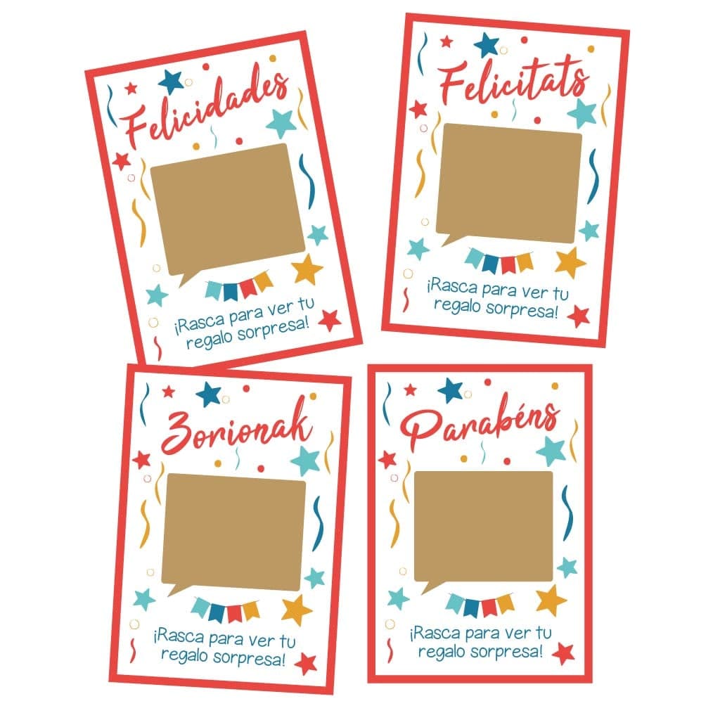 Títulos diferentes para la postal rasca: Felicidades, Felicitats, Zorionak y Parabéns