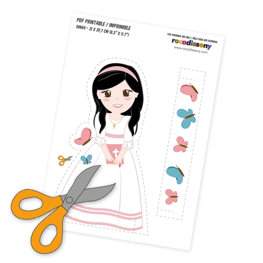 Muñeca recortable de Comunión de niña con mariposas con el cabello negro