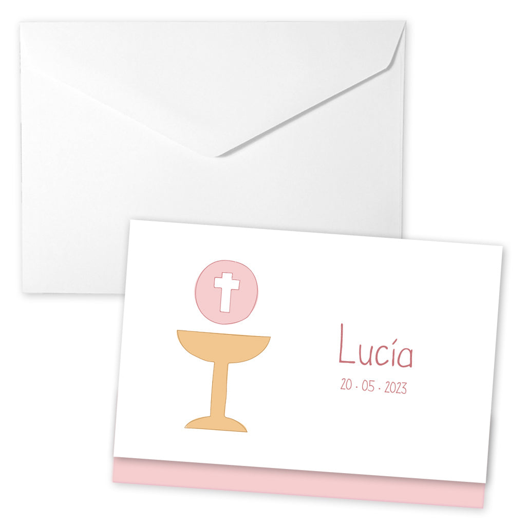 Sobre para regalar dinero de Comunión con un Cáliz rosa con nombre