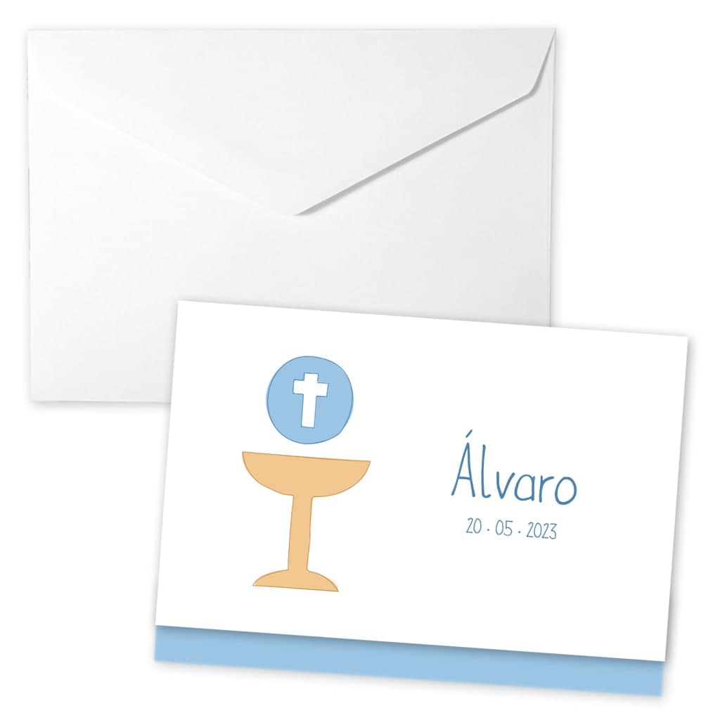 Sobre para regalar dinero de Comunión con un Cáliz azul con nombre