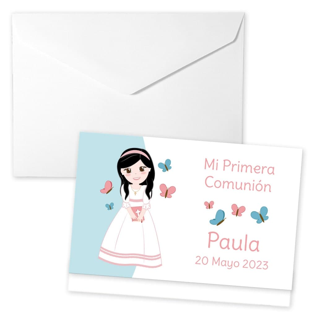 Sobre para regalar dinero de Comunión de niña con mariposas con el cabello negro