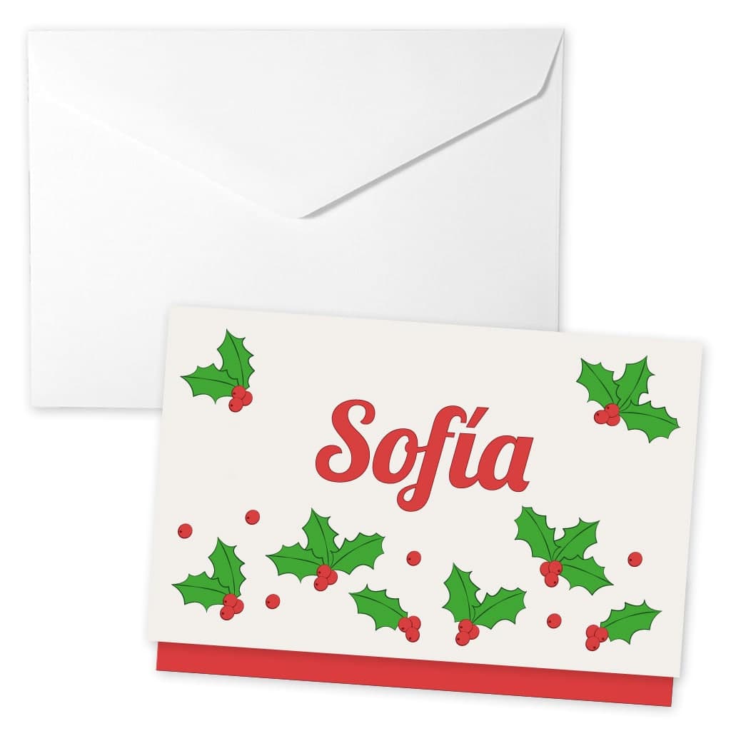 Sobre para regalar dinero personalizado de Navidad con nombre y hojas de muérdago