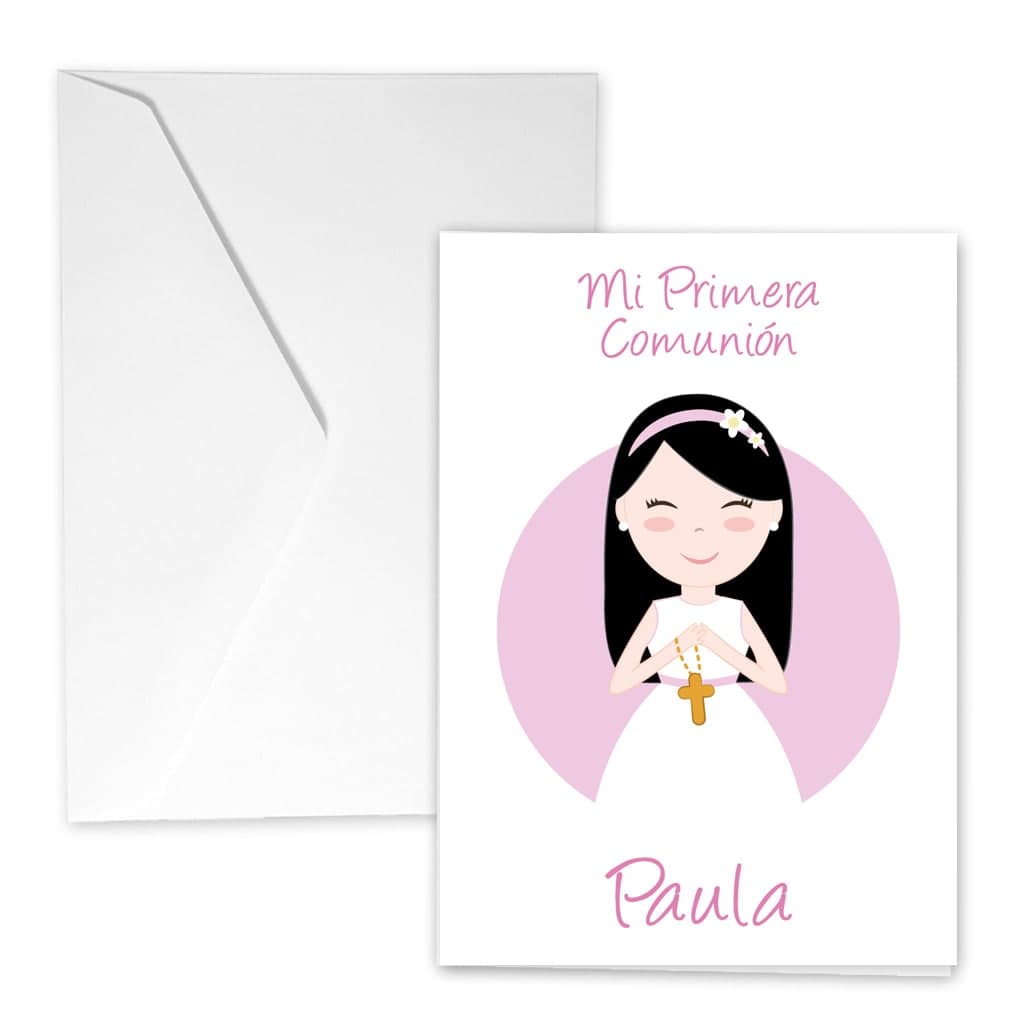 Tarjeta de felicitación de Comunión de niña con Cruz con el cabello negro