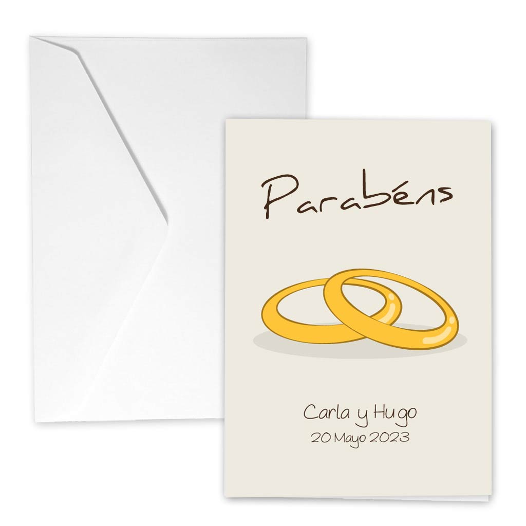 Tarjeta de felicitación con dos anillos para regalar a los novios con el texto en gallego Parabéns