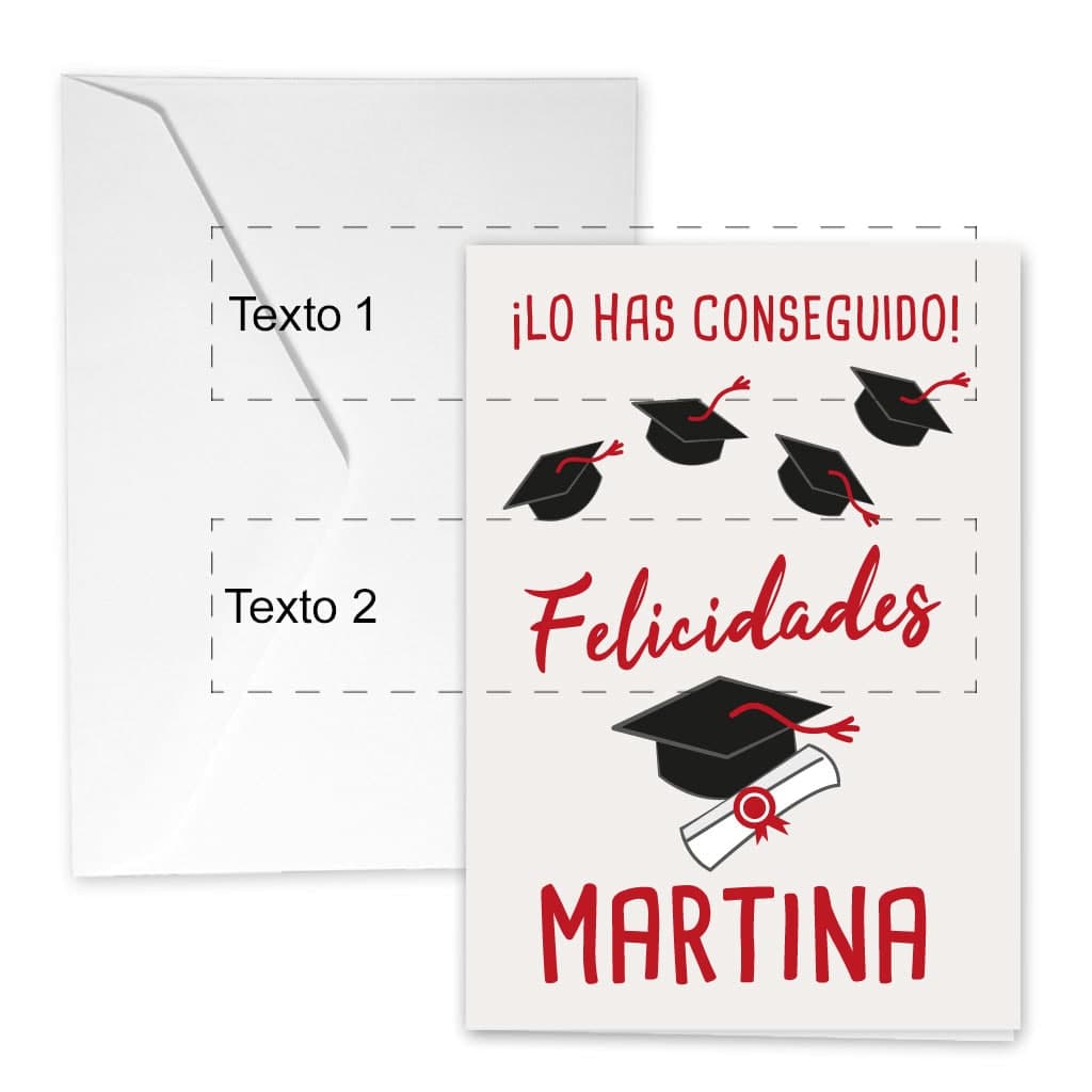 Tarjeta de felicitación personalizada de graduación con los cuadros de texto. Escribe los textos que desees y el nombre del destinatario.