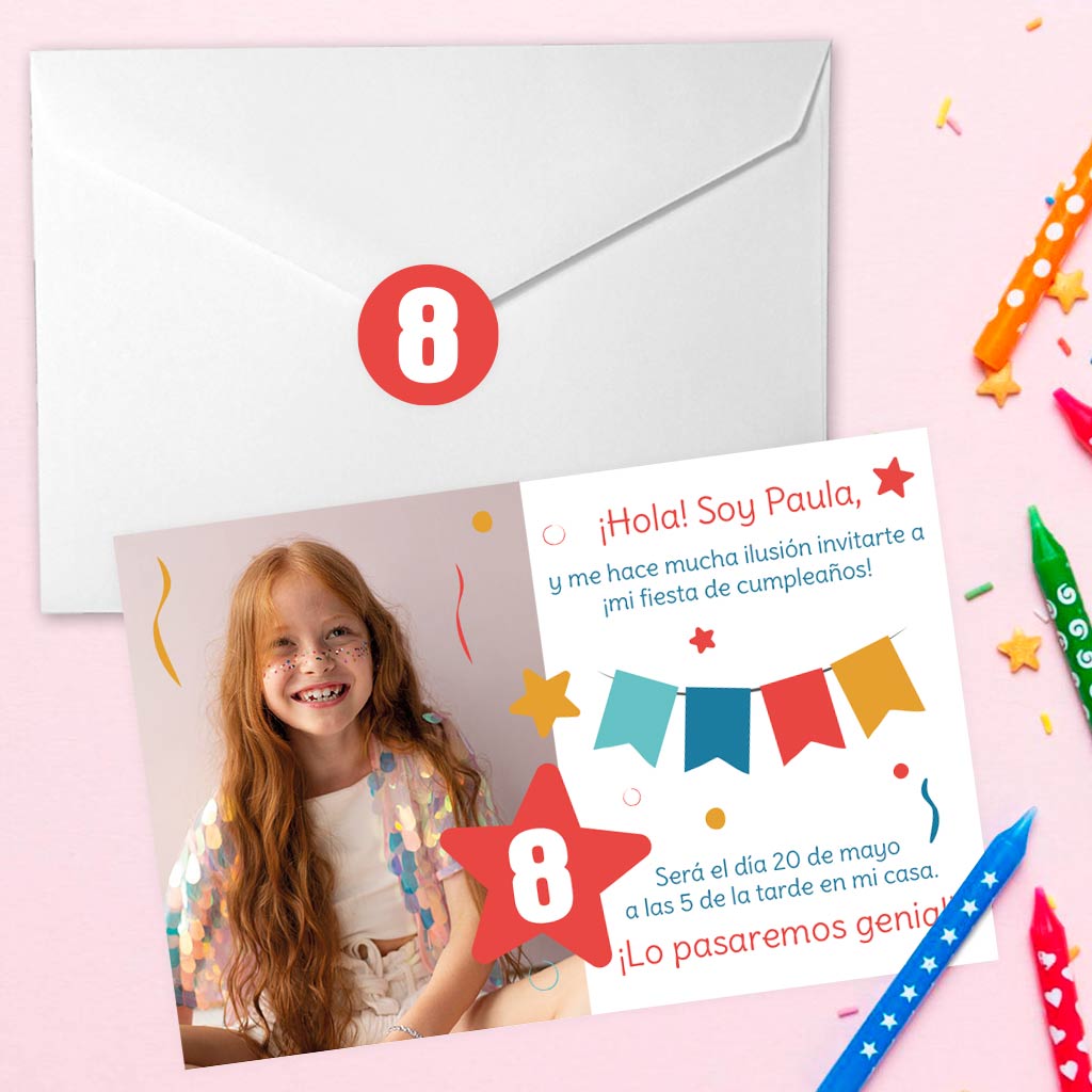 invitación de cumpleaños personalizada con foto, modelo confeti