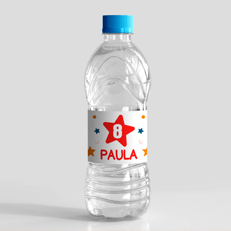 Etiqueta personalizada para botella de agua para dar a los invitados e invitadas de la fiesta de cumpleaños.