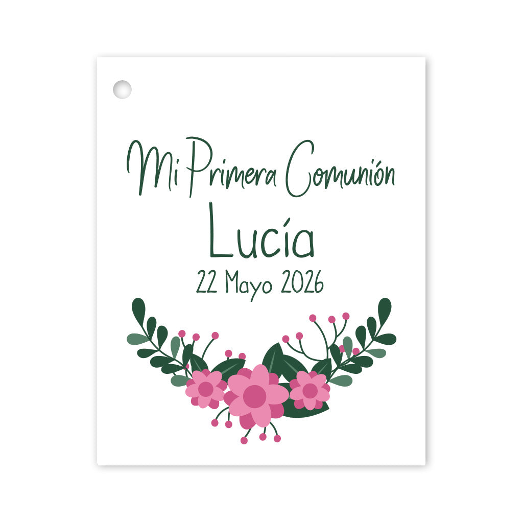 Etiquetas personalizadas para la Primera Comunión con el nombre, la fecha de la celebración y el diseño de unas flores
