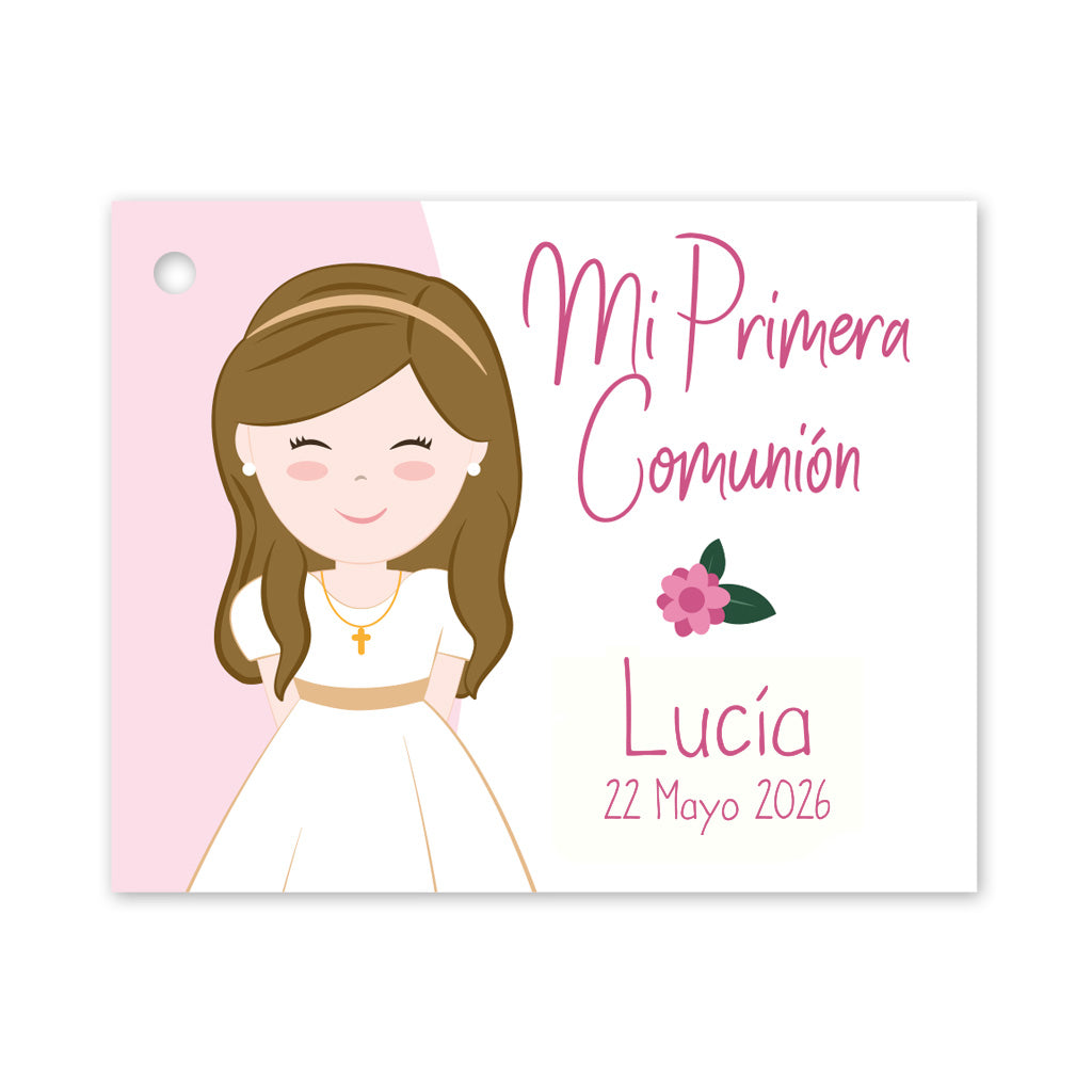 Etiqueta personalizada para los detalles de la Primera Comunión con el nombre de la niña y la fecha de la celebración, junto con el dibujo de una niña y una flor