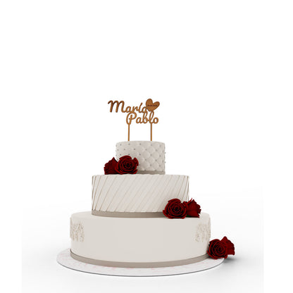 Topper para tartas personalizado para boda con corazón con pastel