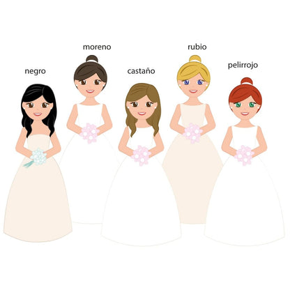 Escoge el color del cabello de las novias (negro, moreno, castaño, rubio y pelirrojo).