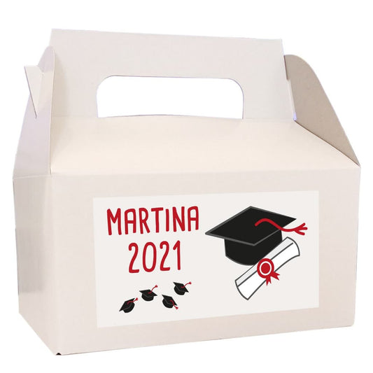 Caja maletín con pegatina personalizaa para la fiesta de graduación.