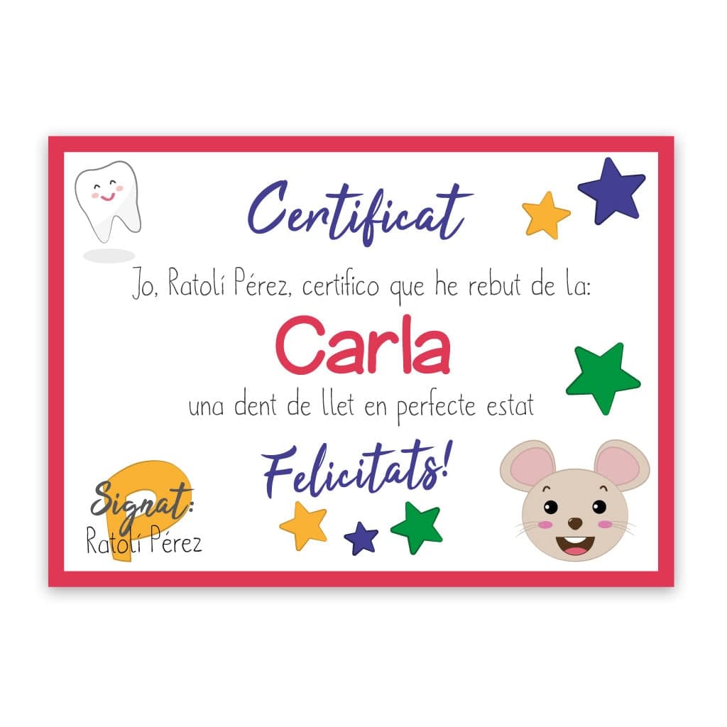 Certificat de les Dents del Ratolí Pérez amb nom