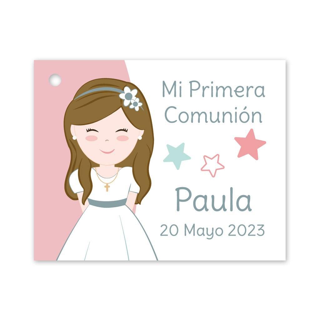 Etiqueta personalizada de Comunión de niña con dibujos de estrellas.