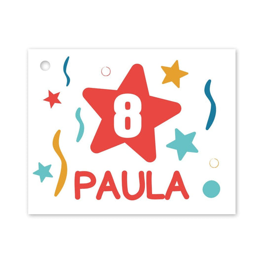 Etiqueta personalizada para cumpleaños con dibujos de confeti y estrellas