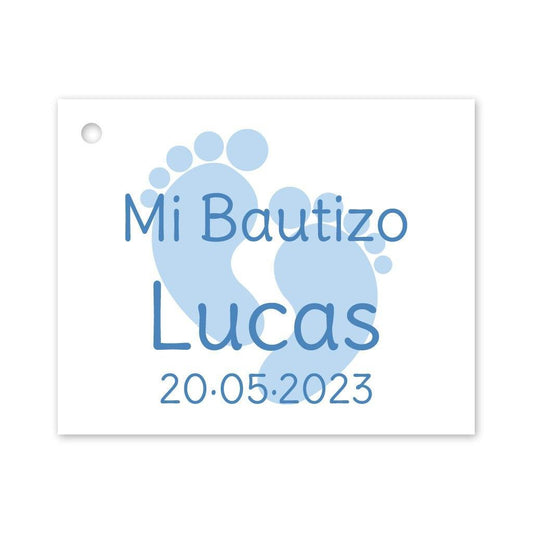 Etiqueta con el dibujo de dos huellas personalizada para los detalles de su Bautizo.