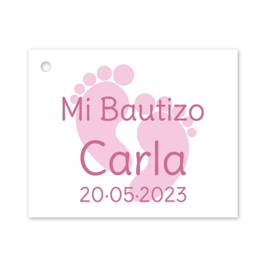 Etiqueta personalizada con dos huellas de color rosa para dar con los detalles a su Bautizo.