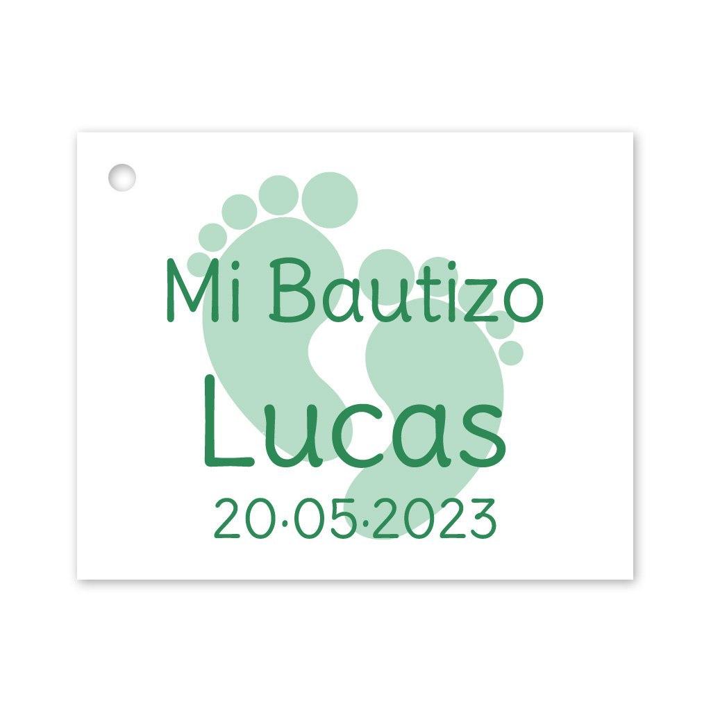 Etiqueta con el dibujo de dos huellas personalizada para los detalles de su Bautizo.