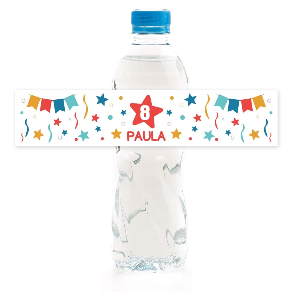 Etiqueta personalizada para botella de agua para dar a los invitados e invitadas de la fiesta de cumpleaños.