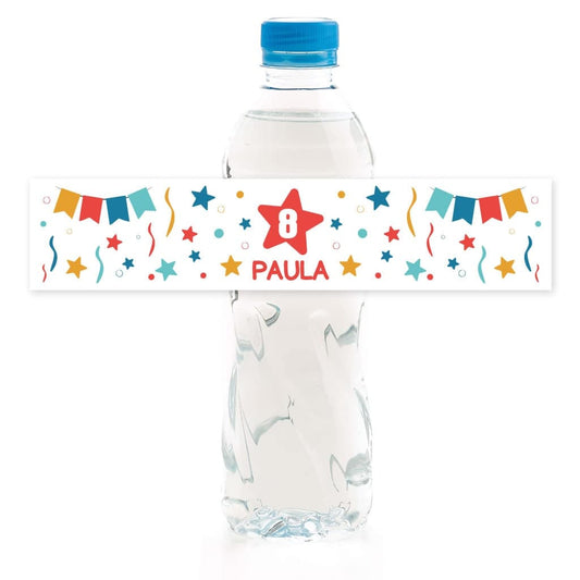 Etiqueta personalizada para botella de agua para dar a los invitados e invitadas de la fiesta de cumpleaños.