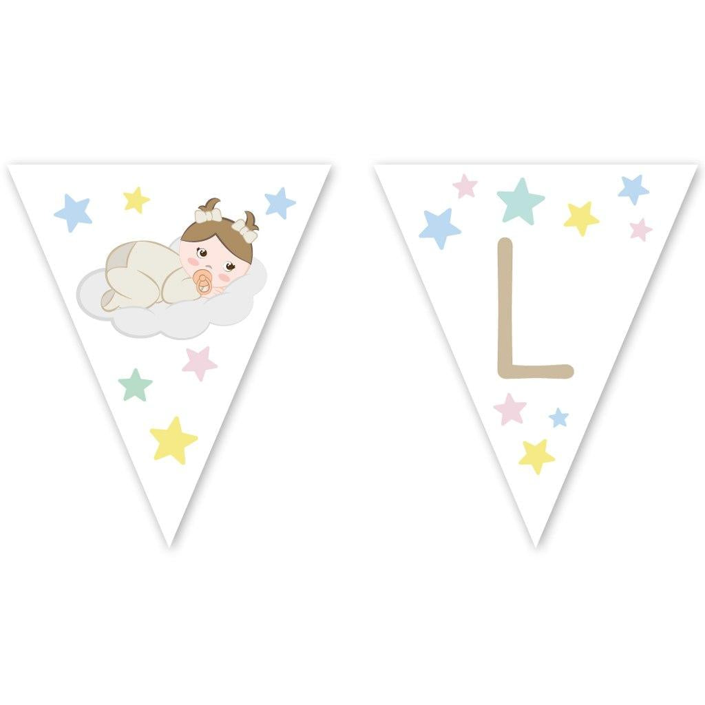 Guirnalda bebé niña personalizable con banderín de color beige