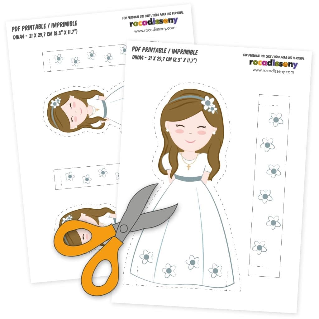 Muñeca recortable de Comunión niña con estrellas disponible en opción digital lista para descargar e imprimir
