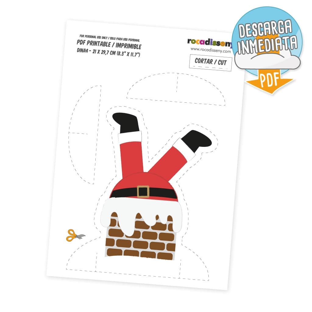 Muñeco Papá Noel recortable sacando las piernas por la chimenea descargable online