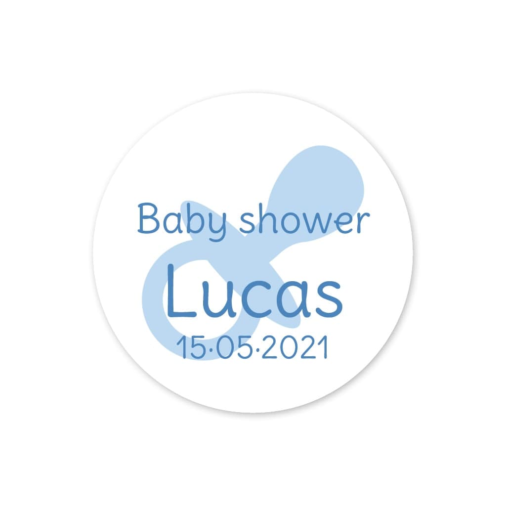 Pegatina detalle con un chupete azul  para la fiesta del bebé con el texto Baby Shower