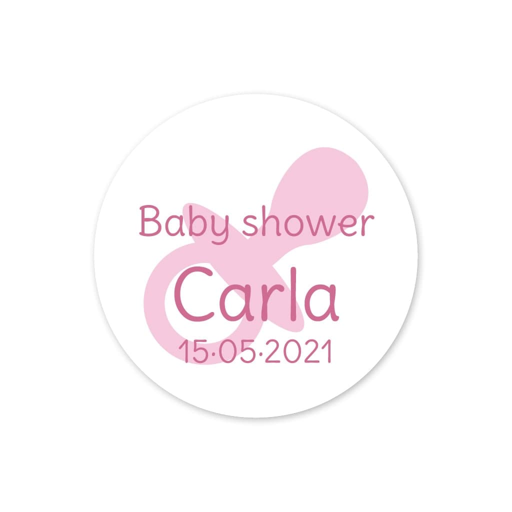 Pegatina detalle con un chupete rosa con el texto Baby Shower