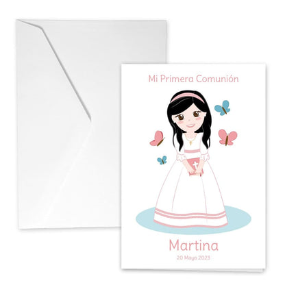 Tarjeta de felicitación de Comunión personalizada de niña con mariposas con el cabello negro