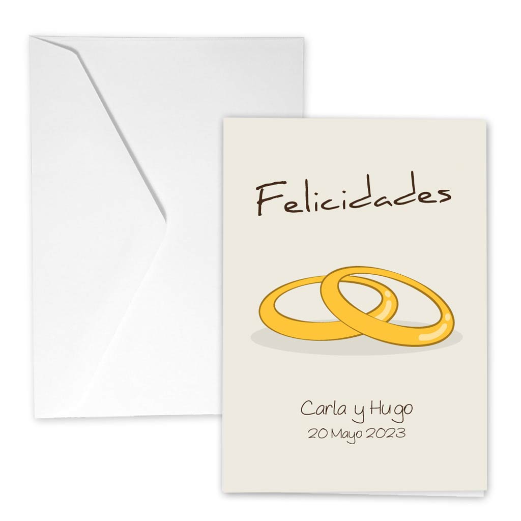 Tarjeta de felicitación con dos anillos para regalar a los novios con el texto en castellano Felicidades