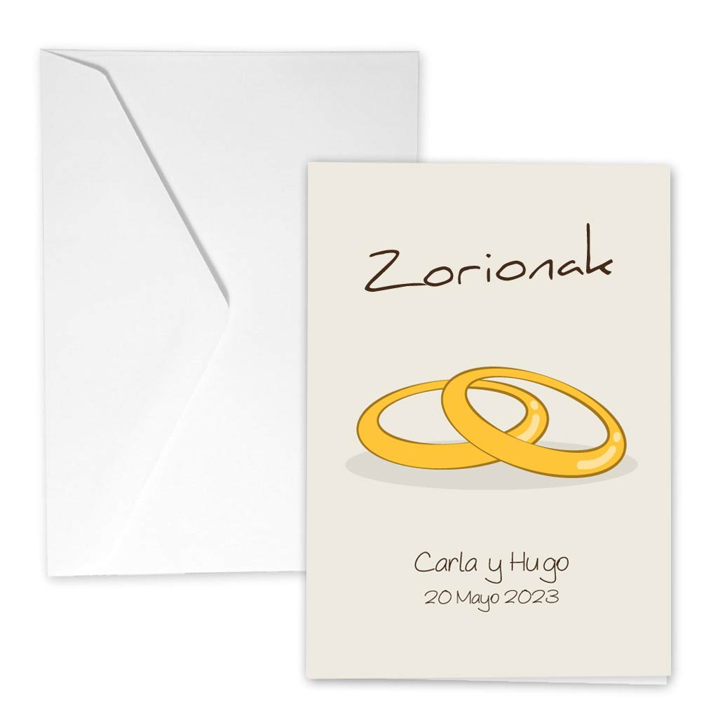 Tarjeta de felicitación con dos anillos para regalar a los novios con el texto en euskera Zorionak