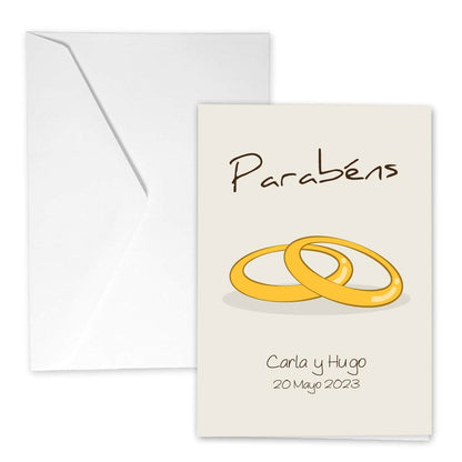 Tarjeta de felicitación con dos anillos para regalar a los novios con el texto en gallego Parabéns